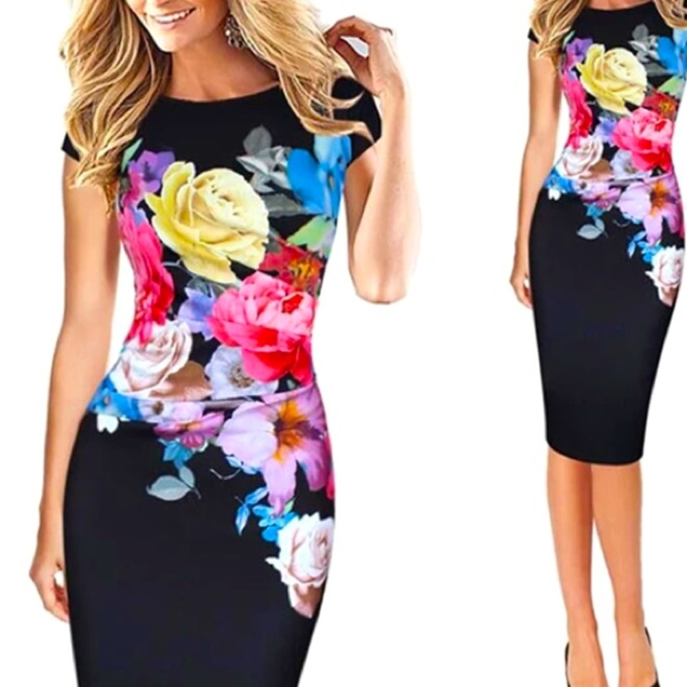 Summer floral bodycon dress wedding guest bridal shower sz L M Colorful black